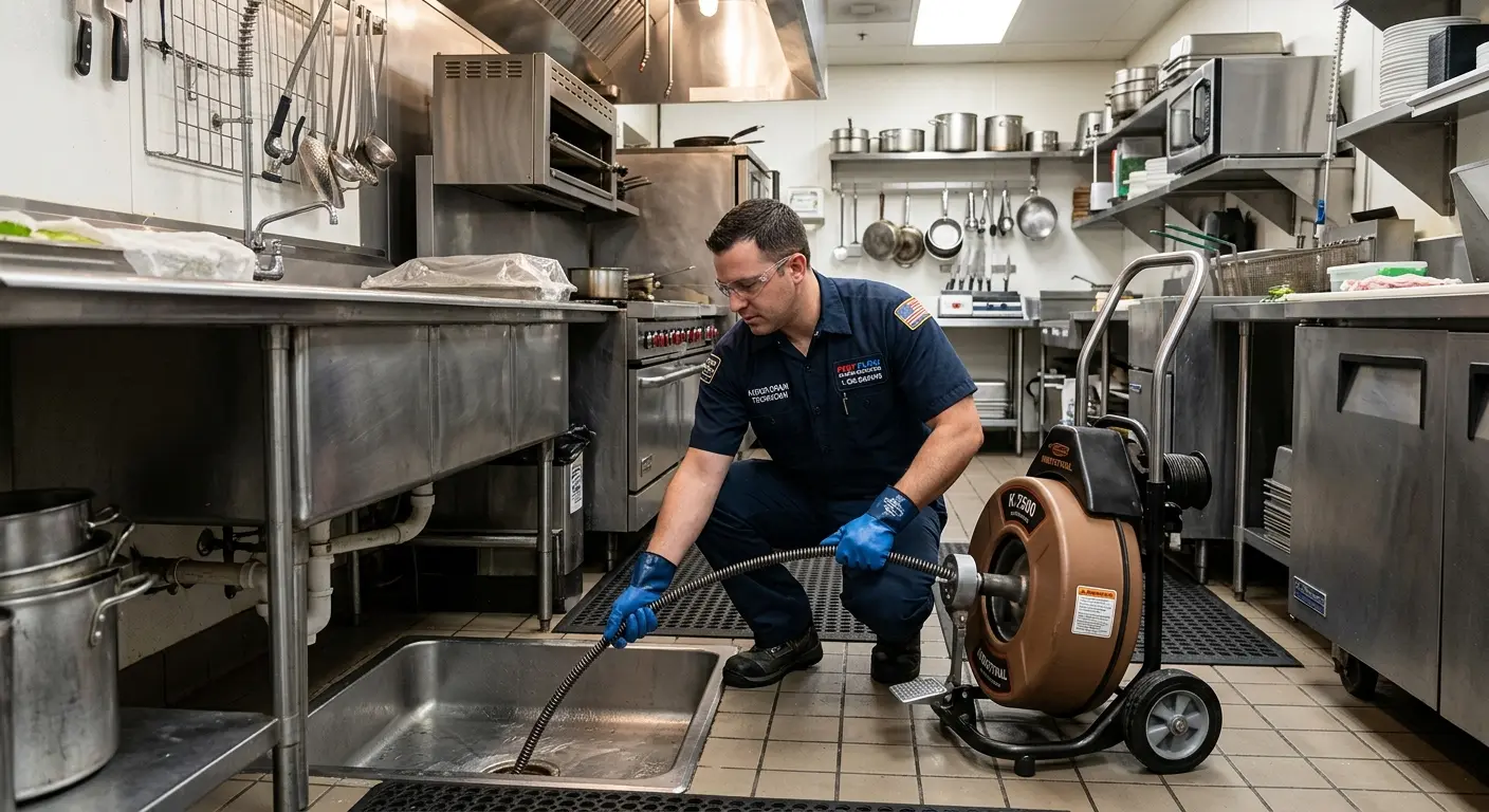 Commercial drain cleaning service in a restaurant kitchen in Belpre