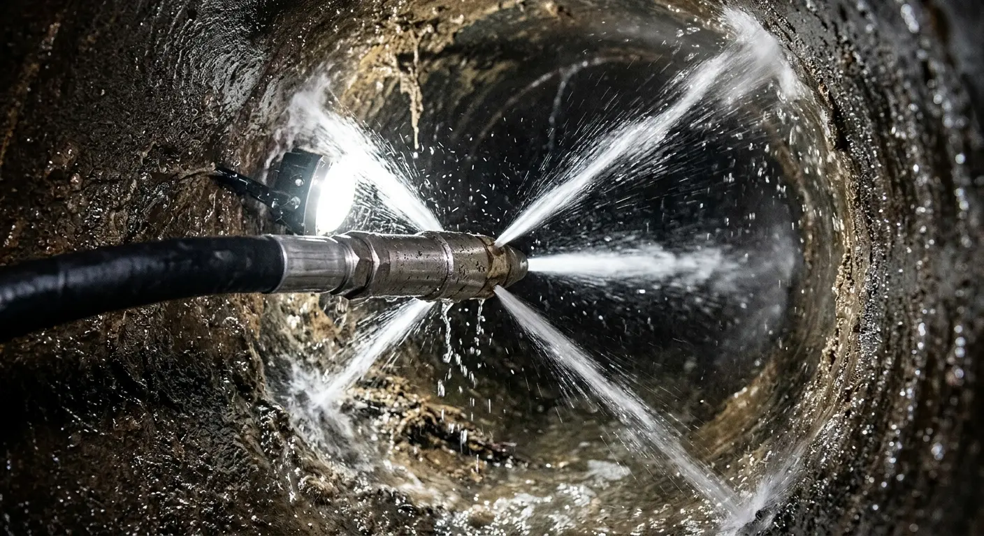 High-pressure hydro jetting nozzle cleaning sewer pipe for Trenchless Sewer Repair in Belpre