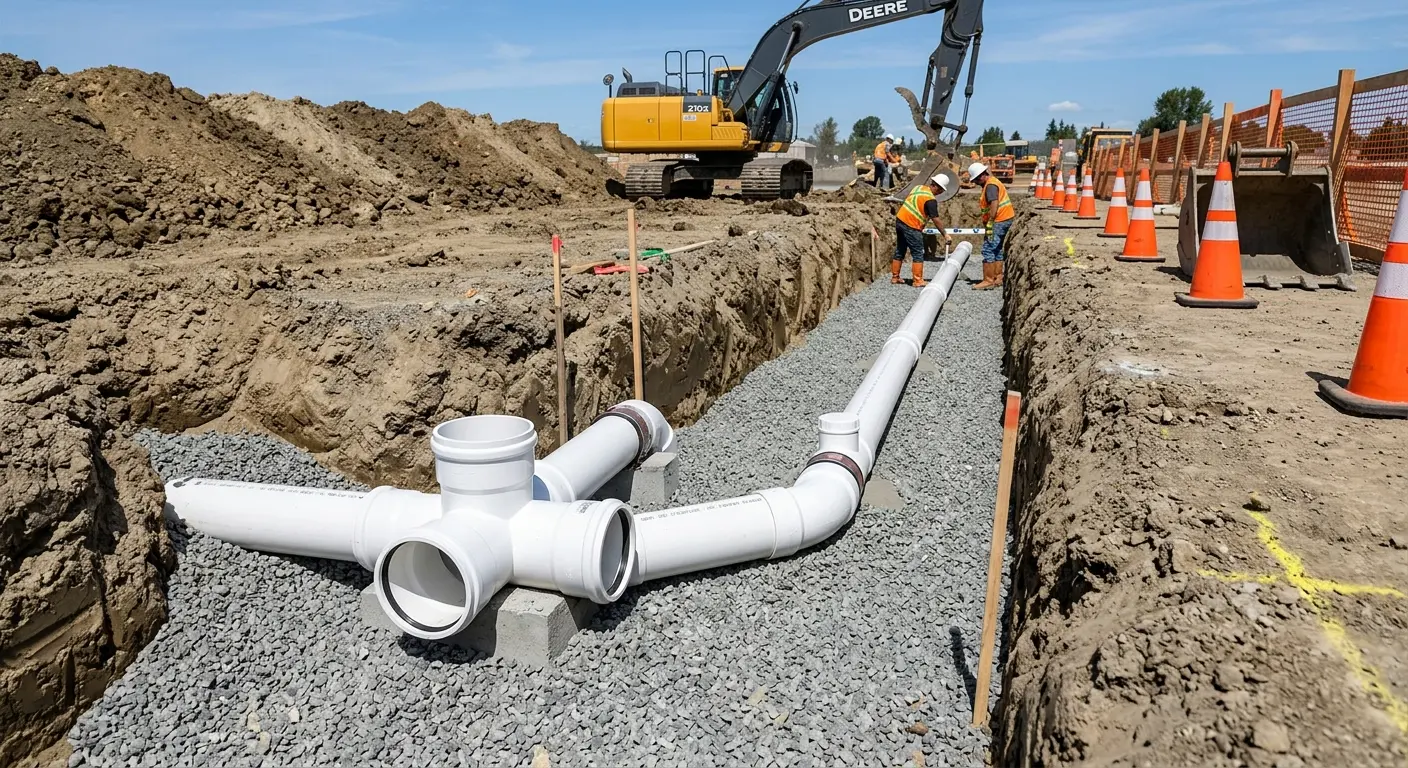 New PVC sewer pipe installation in open trench for Sewer Backup in Belpre