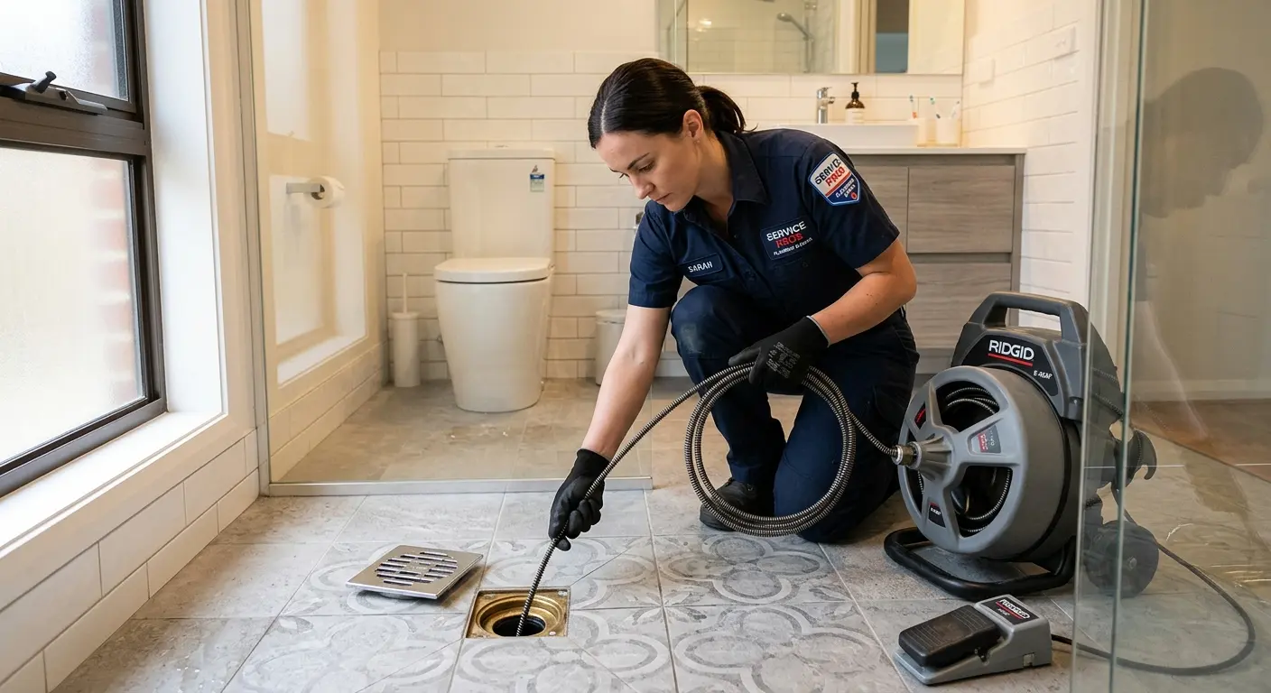 Technician clearing a bathroom floor drain for Drain Cleaning in Belpre